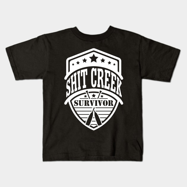 Shit Creek Survivor Badge Paddle Funny Kids T-Shirt by Caty Catherine